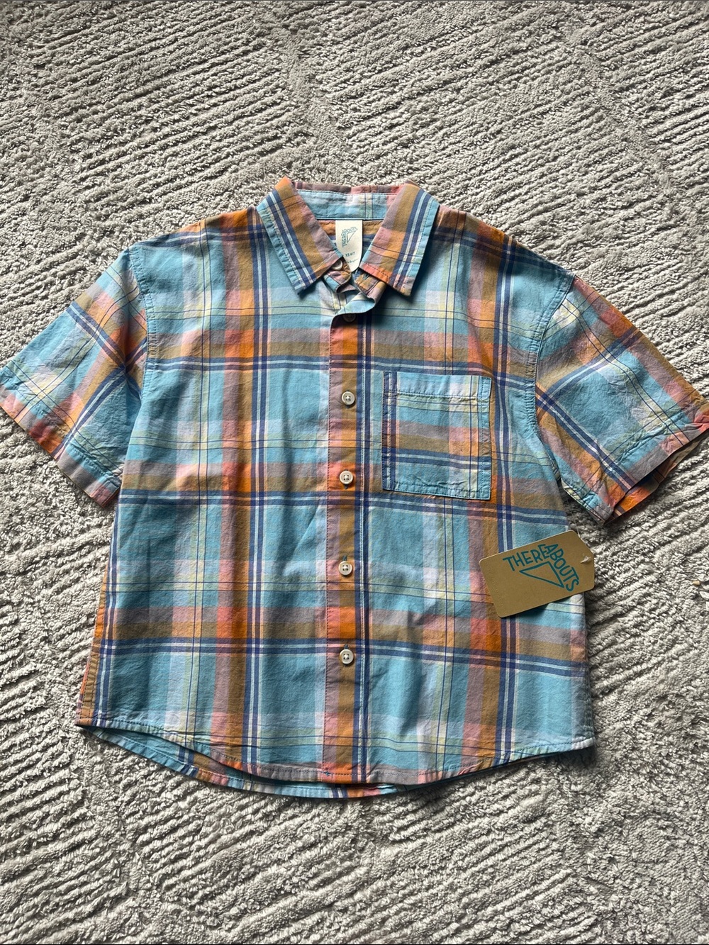 Thereabouts | Boys Blue & Orange Plaid Short-Sleeve Button-Down Shirt, 6/7, NWT